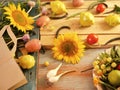 Bright fresh vegetables, fruits and flowers on a wooden table from the market package Royalty Free Stock Photo