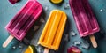 Bright fruit colorful popsicles lying on ice Royalty Free Stock Photo