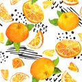 Bright fruit design with citruses, oranges, leaves, dots, lines. Summer seamless pattern. Trendy watercolor hand painted Royalty Free Stock Photo