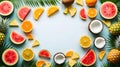Bright Tropical Summer Background with Fruit and Palm Leaf Border Royalty Free Stock Photo