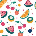 Bright fruit seamless pattern in hand-drawn style. Vector repeat background for colorful summer fabric. Cartoon fruit background.