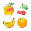 Bright fruits - apple, cherry, banana, orange. Icons isolated on white background. Colourful cartoon Illustrations. Royalty Free Stock Photo