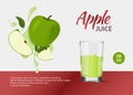 Fresh green apples design template for ads. Bright fruits with splashes and drinking glass red background for promotion Royalty Free Stock Photo