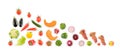 Bright fruits and vegetables on white. Free space for text