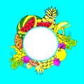 Bright, fruity mix in a round frame. Multicolored, contrasting combinations of pink, yellow and turquoise.