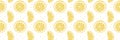 Bright fruity seamless pattern with yellow round and semicircular slices of lemon. Wide background for banner, poster. Cool print