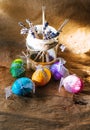 colorful Easter eggs on rustic background