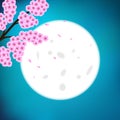 Bright full moon with pink sakura blooming tree.