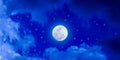 Bright Full Moon and Stars in Cloudy Blue Night Sky Banner