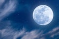 Bright Full Moon and Stars in Cloudy Dark Blue Night Sky Royalty Free Stock Photo