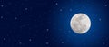 Bright Full Moon and Twinkle Stars in Dark Blue Night Sky Banner Royalty Free Stock Photo