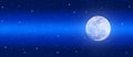 Bright Full Moon and Twinkle Stars in Shining Blue Night Sky Banner Royalty Free Stock Photo