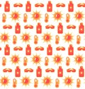 Bright fun summer seamless pattern with sunscreen cream sun and