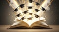 Bright Future: Luminous Open Book Ejecting Graduation Caps for Student Success and Educational Triumphs. Royalty Free Stock Photo