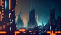 Bright futuristic towers on a dark background. Abstract 3D illustration