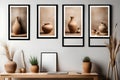 Bright gallery room interior with empty white posters