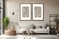 Bright gallery room interior with empty white posters