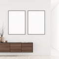 Bright gallery room interior with two empty white posters, sideboard Royalty Free Stock Photo