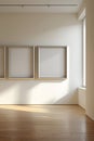 Bright Gallery Space With Square Silver Frames And Sunlight exhibition interior Royalty Free Stock Photo