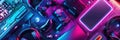 Gaming setup featuring controllers, headsets, keyboards, and mice in vibrant neon lighting. Generative AI Royalty Free Stock Photo