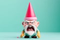 Bright garden gnome shouting angry on a pastel background