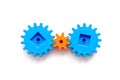 Bright gears for great technology of team work and correct mechanism on white background top view copyspace