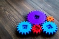 Bright gears for great technology of team work and correct mechanism on wooden background copyspace