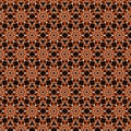 Bright geometric fabric print of simple geometric floral elements in warm orange, brown and black autumn colors