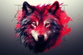 A bright geometric portrait of a wolf with red accents and piercing eyes.