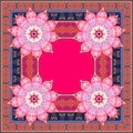 Bright geometric square pattern with luxury frame and mandala flower on crimson background. Ethnic shawl, carpet, tablecloth.