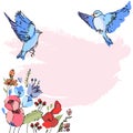 Bright gift card with copy space. Flying blue birds, peonies, poppy, wildflowers, lily of the valley, hedgehogs berries