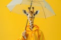 Bright giraffe with clear umbrella in yellow raincoat - rain weather season.