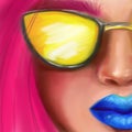 Bright girl in yellow glasses with pink hair in the style of digital oil painting