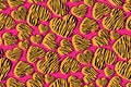 Bright glamorous seamless pattern. Orange hearts with black tiger print on a magenta background