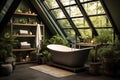 Bright Glass Bathroom with Bathtub, Subway Tiles, and Deep Forest-Style Green Plants for an Elegant Escape. created with Royalty Free Stock Photo