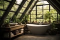 Bright Glass Bathroom with Bathtub, Subway Tiles, and Deep Forest-Style Green Plants for an Elegant Escape. created with Royalty Free Stock Photo