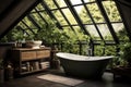 Bright Glass Bathroom with Bathtub, Subway Tiles, and Deep Forest-Style Green Plants for an Elegant Escape. created with Royalty Free Stock Photo