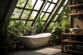 Bright Glass Bathroom with Bathtub, Subway Tiles, and Deep Forest-Style Green Plants for an Elegant Escape. created with Royalty Free Stock Photo