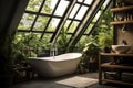 Bright Glass Bathroom with Bathtub, Subway Tiles, and Deep Forest-Style Green Plants for an Elegant Escape. created with