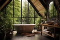 Bright Glass Bathroom with Bathtub, Subway Tiles, and Deep Forest-Style Green Plants for an Elegant Escape. created with Royalty Free Stock Photo