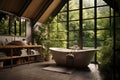 Bright Glass Bathroom with Bathtub, Subway Tiles, and Deep Forest-Style Green Plants for an Elegant Escape. created with Royalty Free Stock Photo