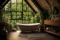 Bright Glass Bathroom with Bathtub, Subway Tiles, and Deep Forest-Style Green Plants for an Elegant Escape. created with Royalty Free Stock Photo