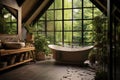 Bright Glass Bathroom with Bathtub, Subway Tiles, and Deep Forest-Style Green Plants for an Elegant Escape. created with Royalty Free Stock Photo