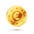 Bright glossy golden coin with euro sign on white Royalty Free Stock Photo