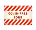 Bright glossy red and white warning plate with COVID FREE ZONE sign on white