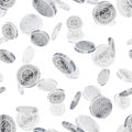 Bright glossy silver ancient coins, silver rain seamless pattern on white