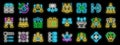 Bright glowing colorful workflow and organization neon icons set on black background for business strategy and teamwork