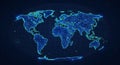 Illuminated digital world map displaying global data connections across continents with blue neon lines Royalty Free Stock Photo