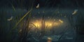 Bright glowing fireflies buzzing around in a swamp