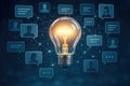 Bright Light Bulb with Digital Network of People and Speech Bubbles idea innovation Royalty Free Stock Photo